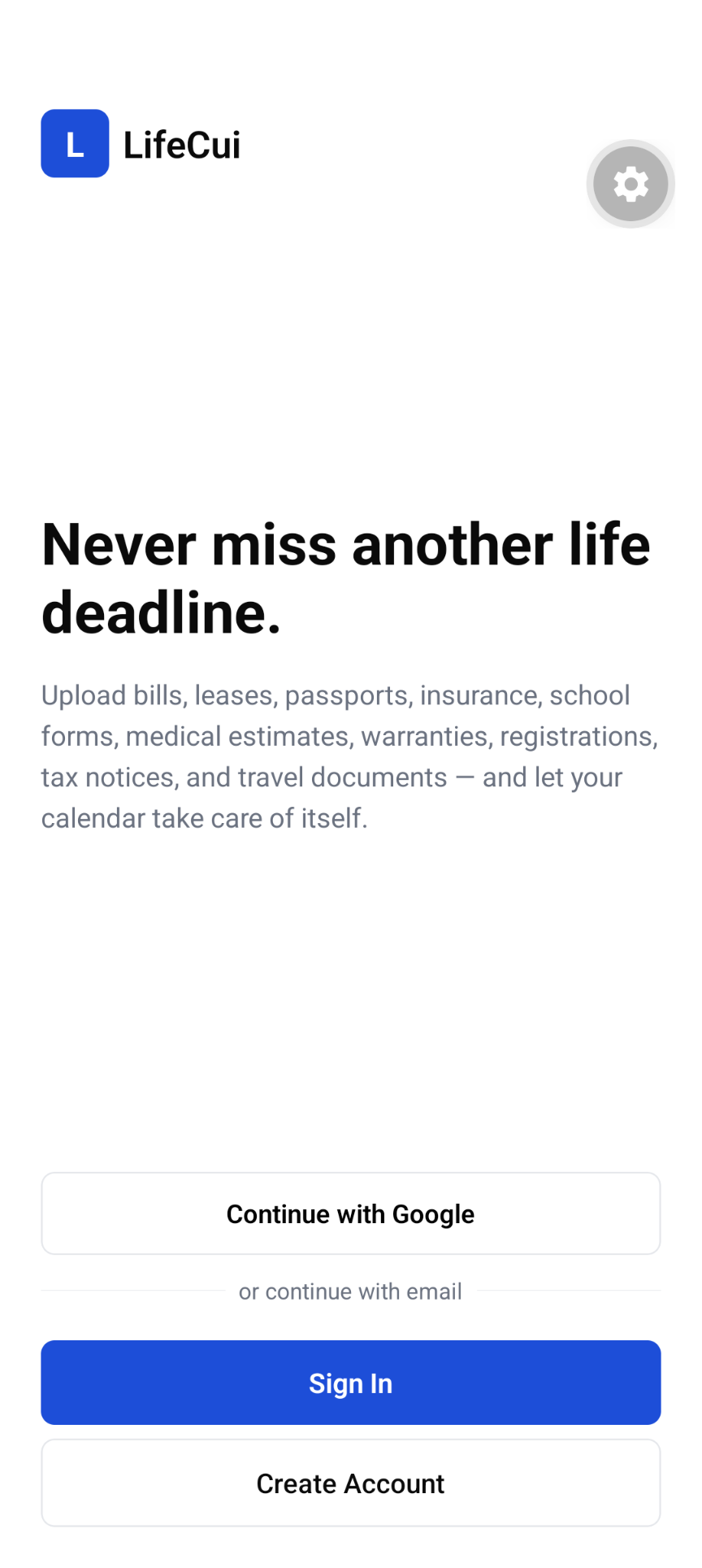 LifeCui welcome screen introducing reminders, remembered details, and documents