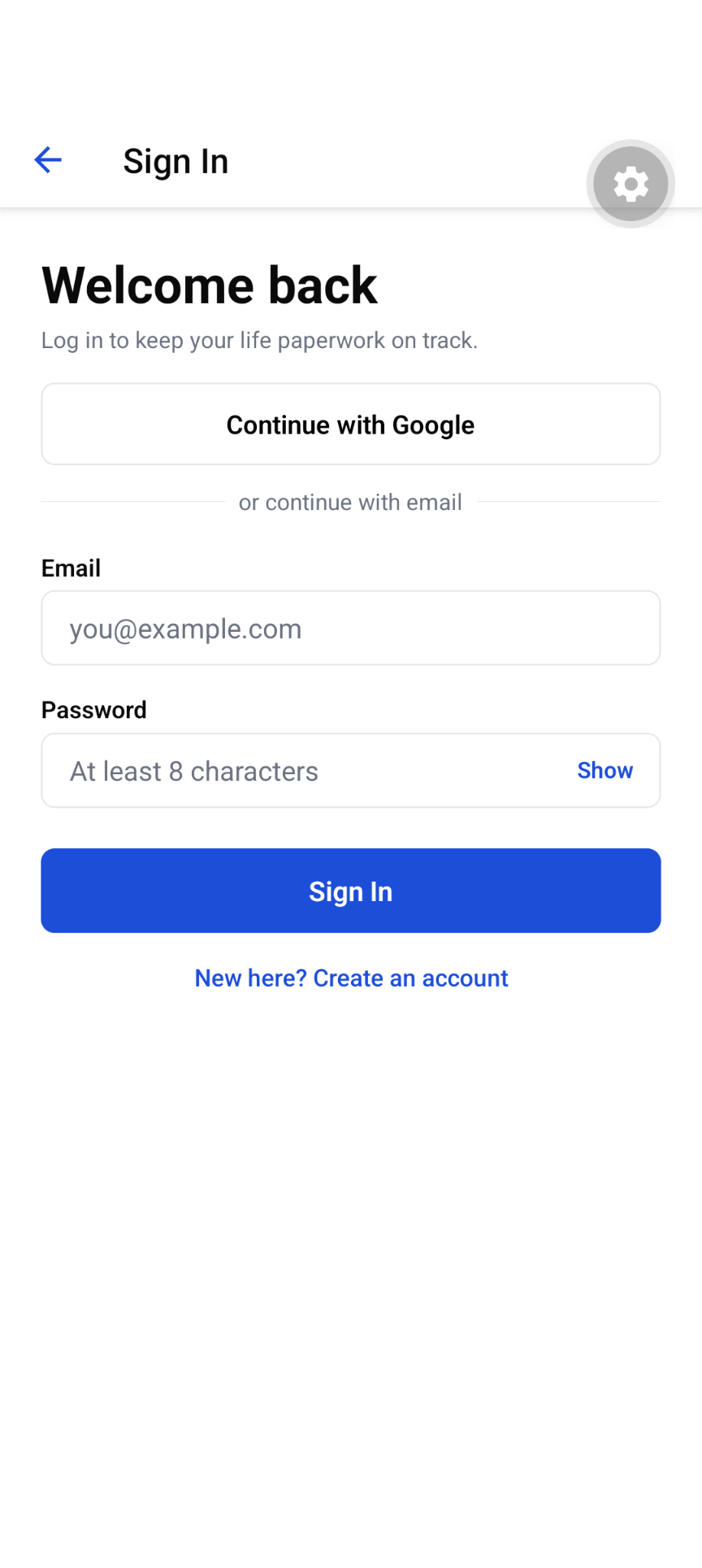 LifeCui secure sign-in screen