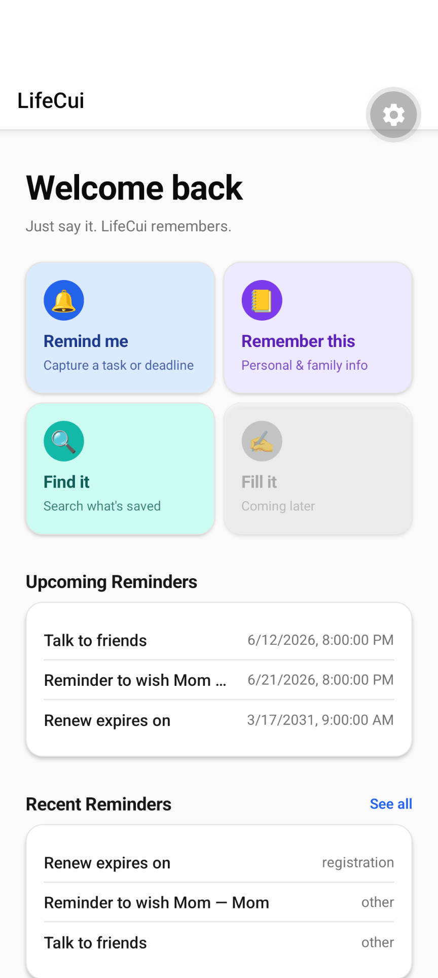 LifeCui home dashboard showing reminders and saved information