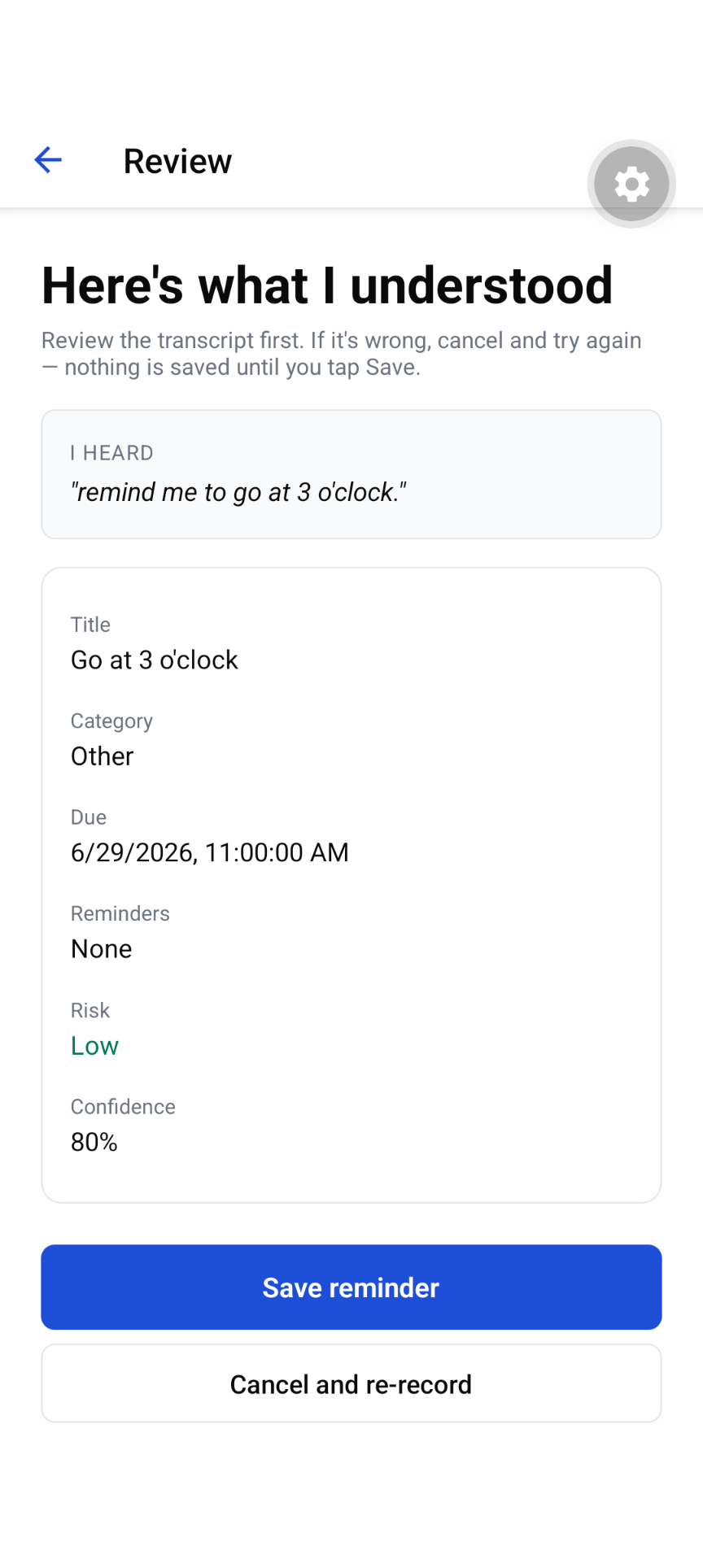 LifeCui reminder review screen before saving