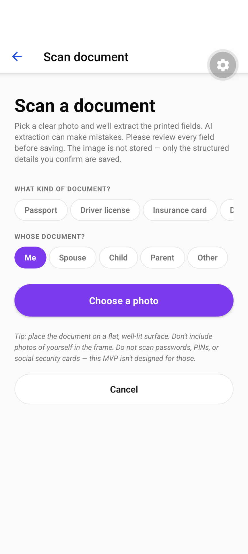 LifeCui document scanning screen extracting key details