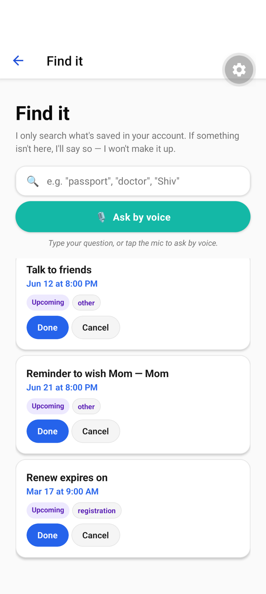 LifeCui search screen surfacing saved life admin details