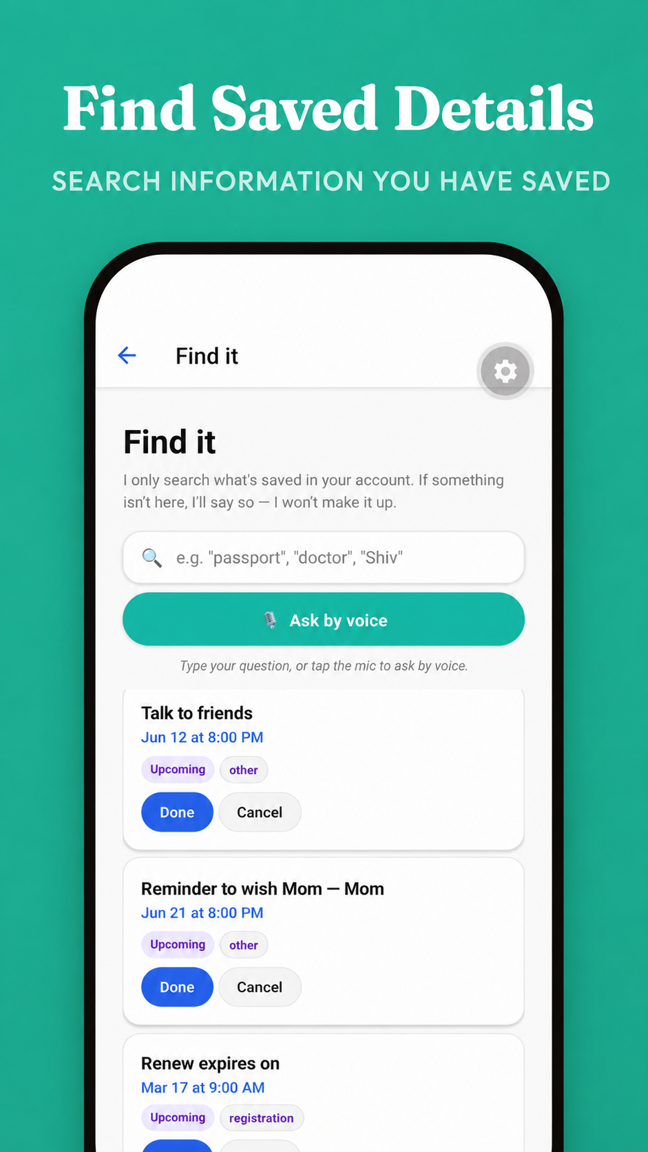 LifeCui searching information you have saved