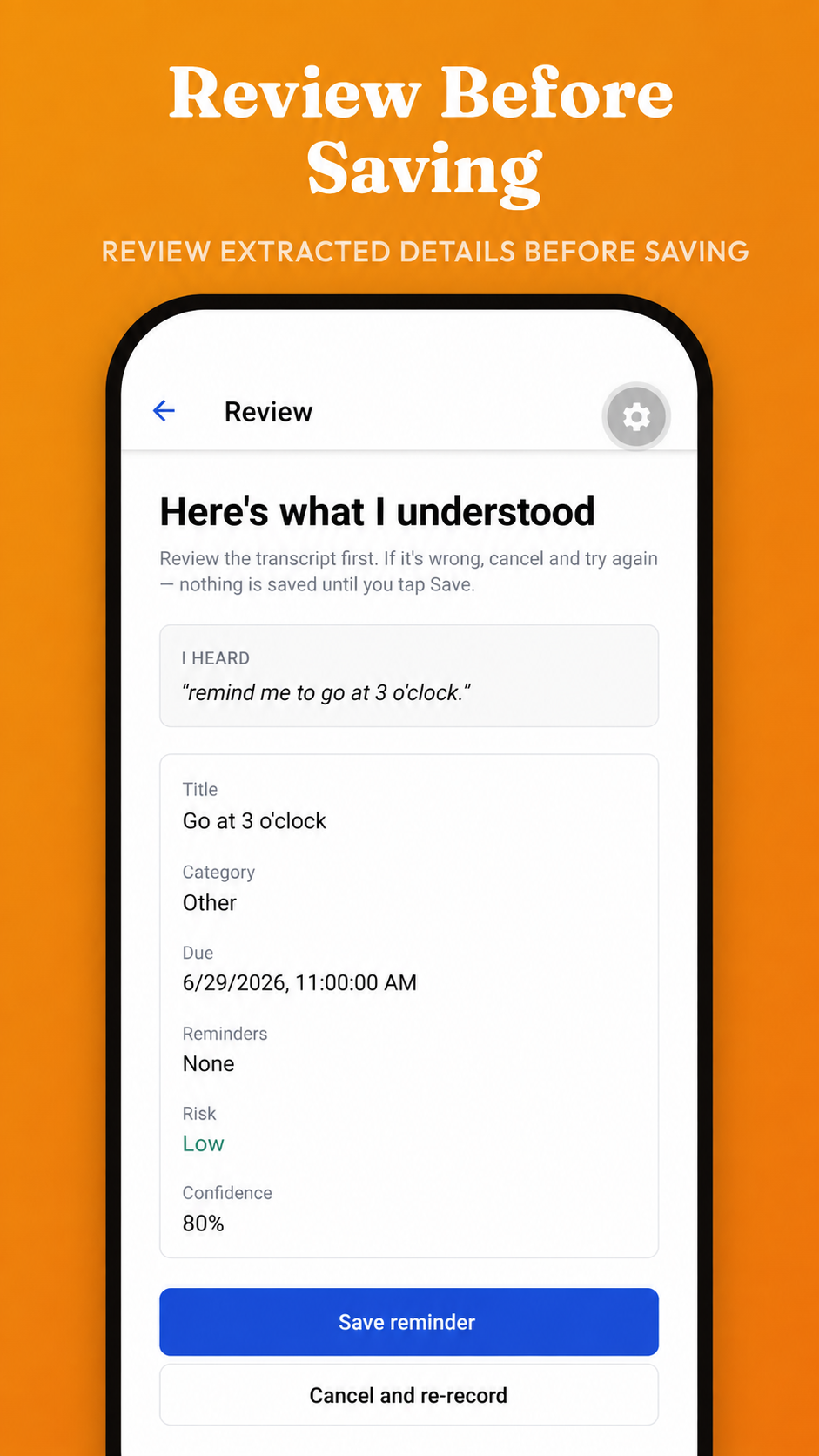 LifeCui showing extracted details for review before saving